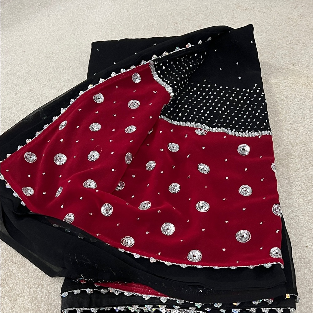 Black and burgundy saree with ready made blouse (S)